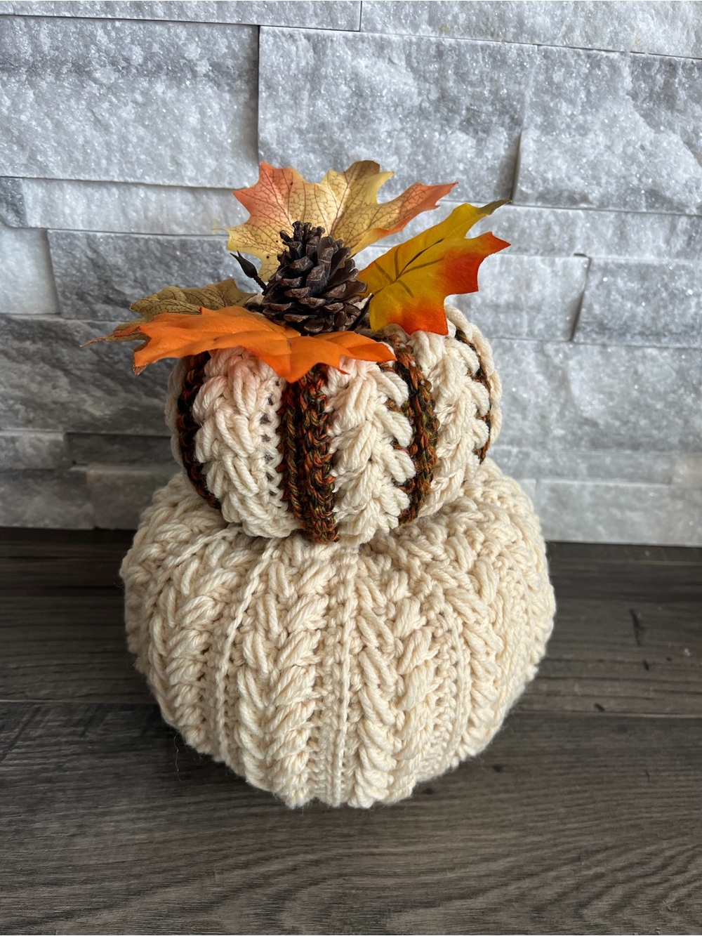 Handmade Cream Knit Pumpkin Stack Home Accent